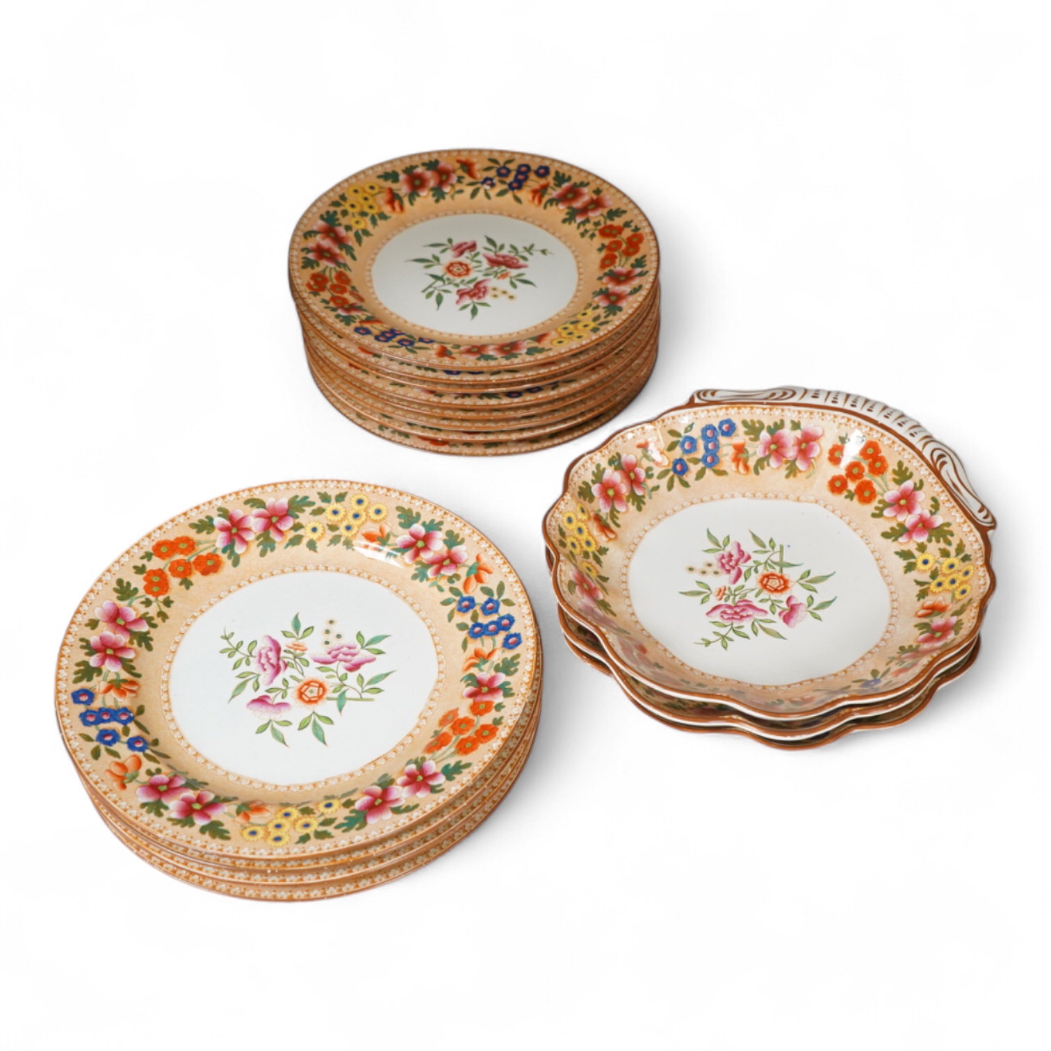 An early 19th century Spode printed and hand painted part dessert service, plates 20cm in diameter